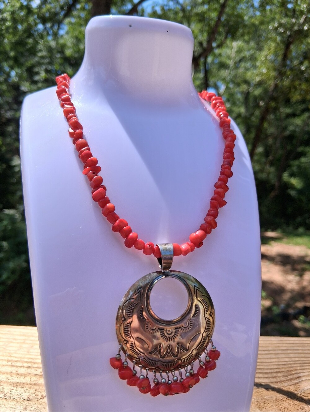 VTG QT Quoc Sterling Silver Southwestern Red Coral Tassel Fringe PendantNecklace
